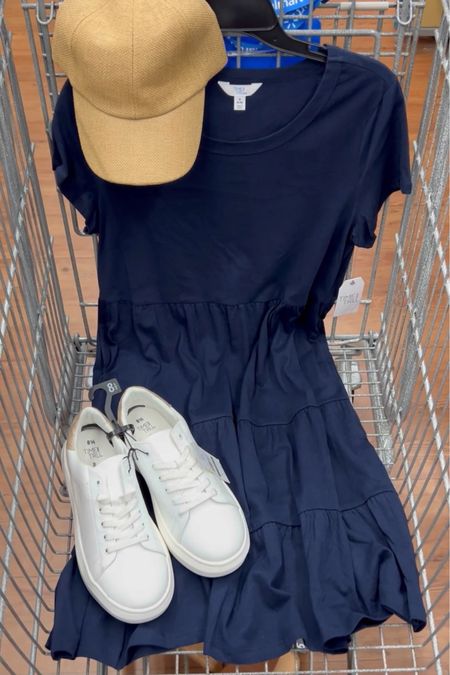 Our favorite knit tiered dress at Walmart in navy, I got my true to size small. Pockets! And this straw baseball cap is so cute, fits well, just $7 online! Saw similar at Gap for $35. #walmartoutfit affordable budget style mom style 

#LTKstyletip #LTKfindsunder50 #LTKover40