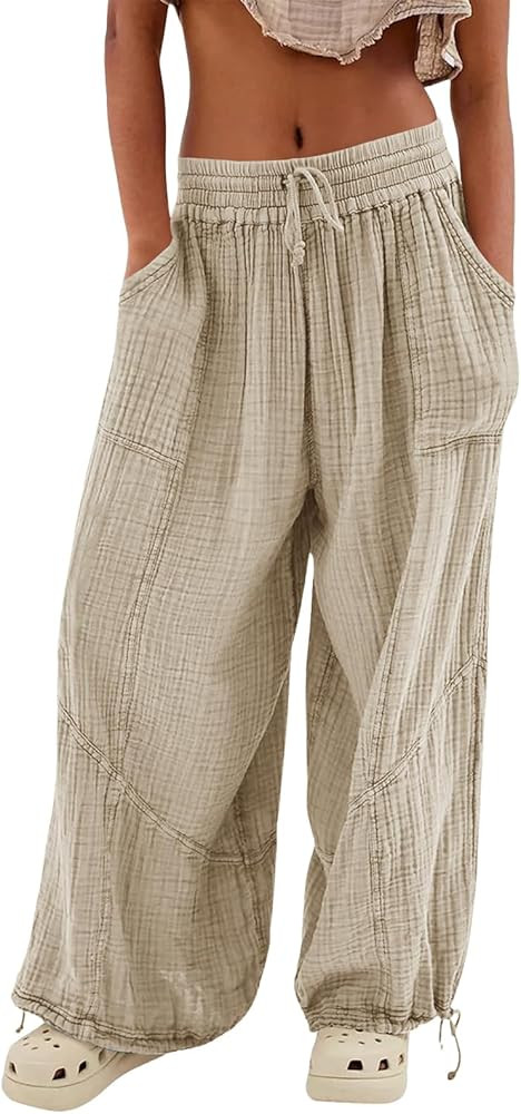 utcoco Womens Casual Loose Fit Wide Leg Cotton Pants Drawstring Stitching Baggy Pants Trousers wi... | Amazon (US)