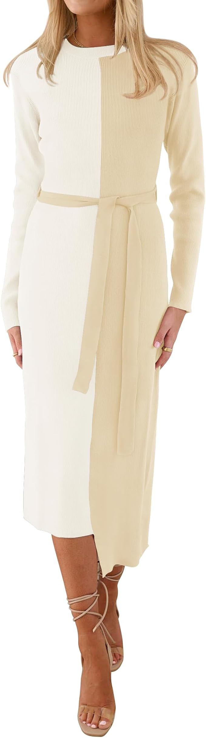 ZESICA Women's 2023 Fall Ribbed Knit Sweater Dress Elegant Long Sleeve Crewneck Tie Waist Slim Fi... | Amazon (US)