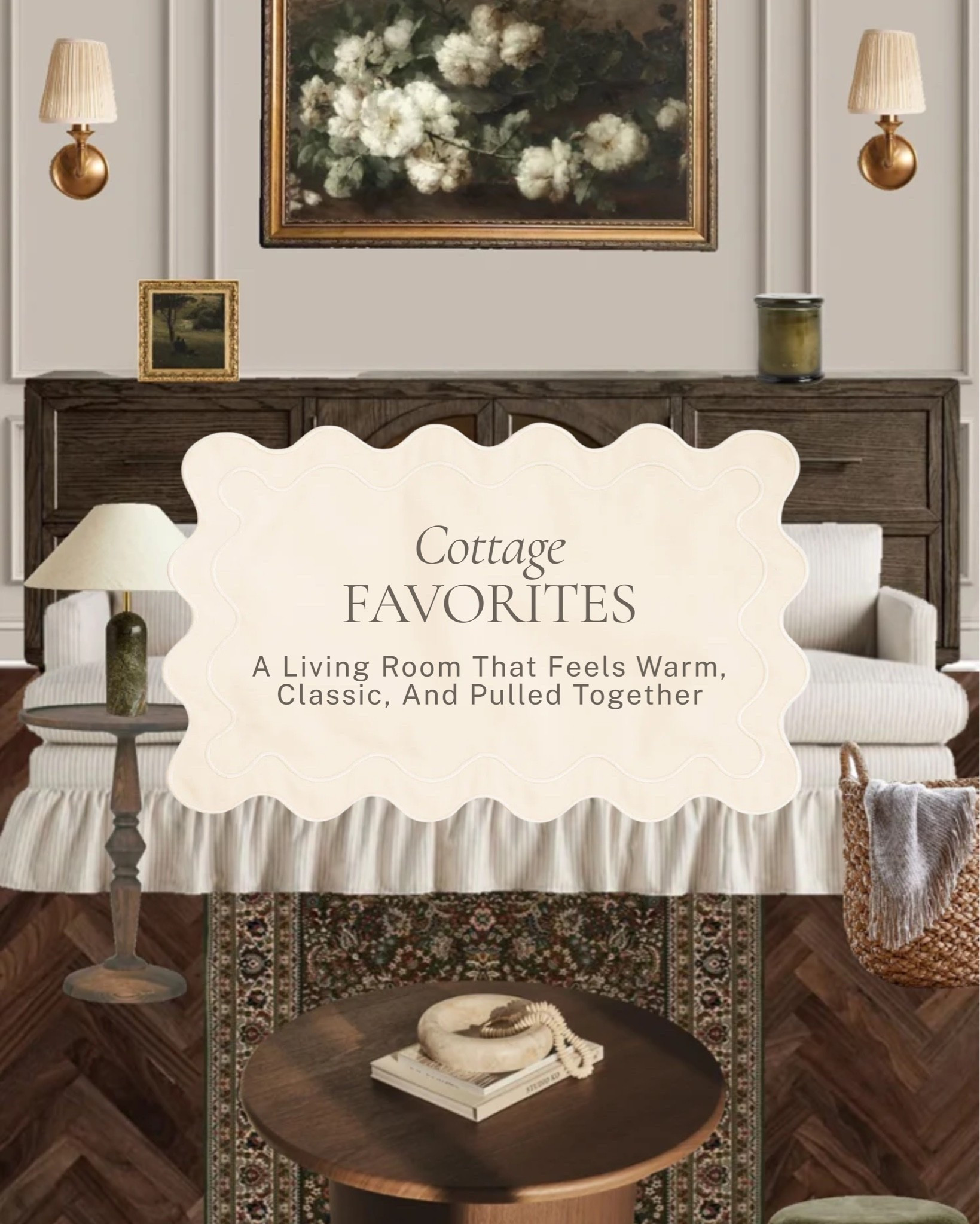 Everything a living room needs to feel timeless ✨ 

A ruffled skirted sofa, a dark wood sideboard, a moody floral painting, pleated sconces, a Persian rug, and those warm layered details that make a space feel classic without feeling stiff. 

All linked here 🤍 

#LTKhome