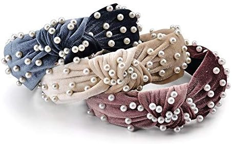 3 Pack Velvet Wide Headbands Knot Turban Headband Vintage Hairband with Faux Pearl Elastic Hair Hoop | Amazon (US)
