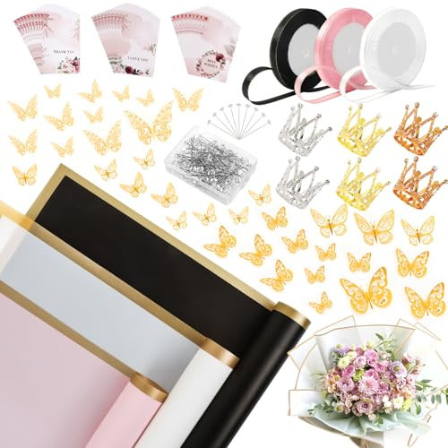 60 Sheet Flower Wrapping Paper-3 Colors Florist Bouquet Wrapping Paper for Wedding Birthday Gift, Flower Paper Wrap with 3 Rolls Ribbon,3D Butterflies, 3 Colors Crowns (Black, Rose Pink, White) | Amazon (US)