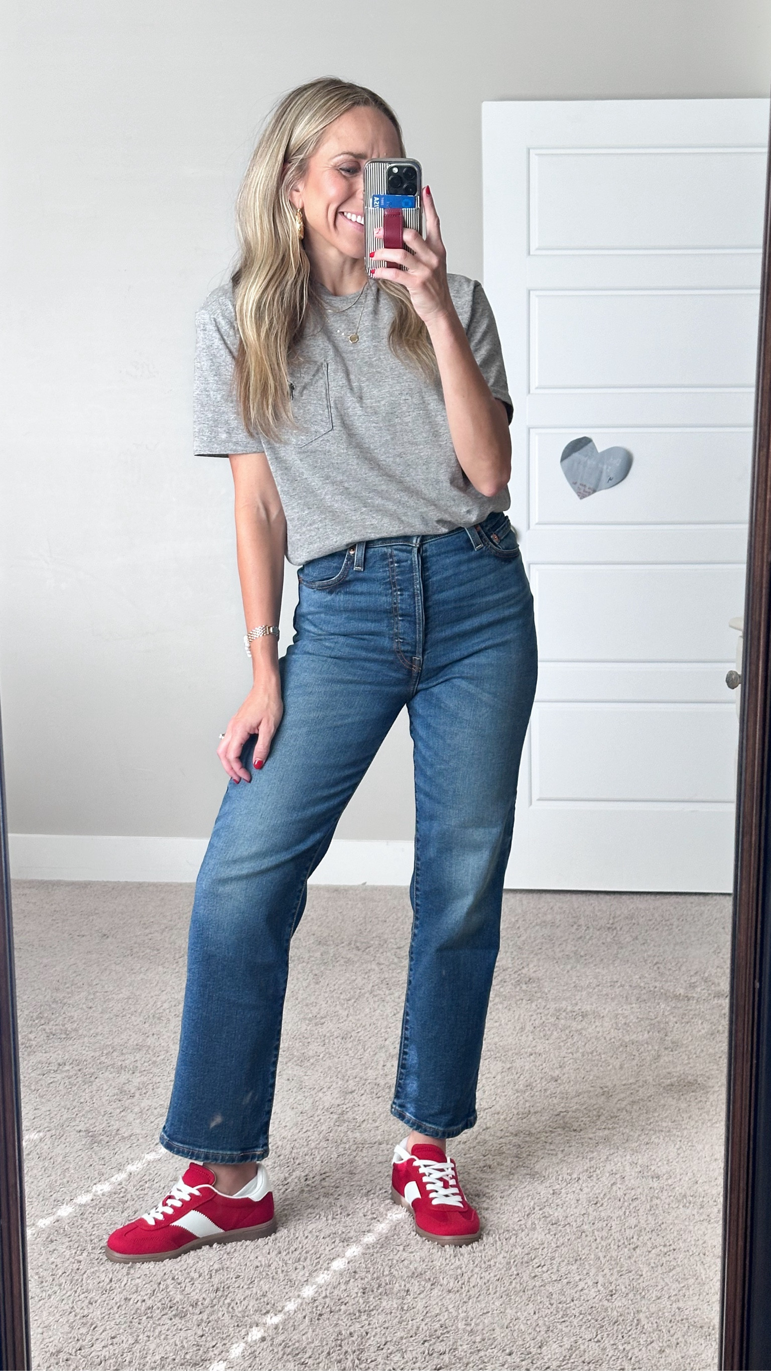 Fall outfit idea with my favorite tee, the viral stretchy jeans and the cutest red sneakers ever!

All true to size!

#LTKSeasonal #LTKStyleTip #LTKFindsUnder50