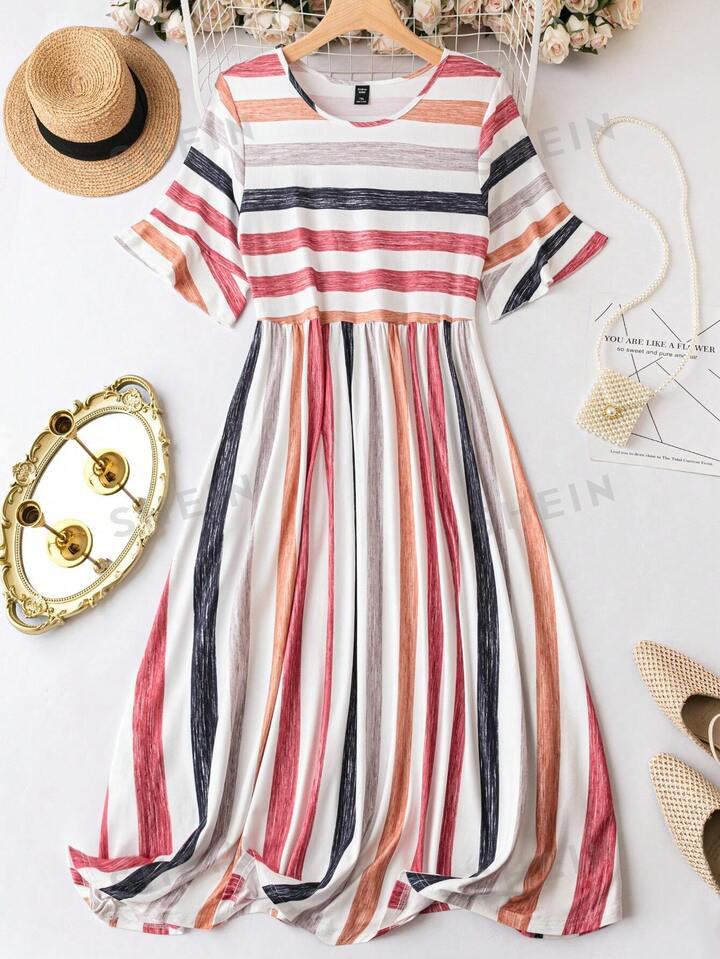 SHEIN LUNE Plus Striped Print Dress | SHEIN