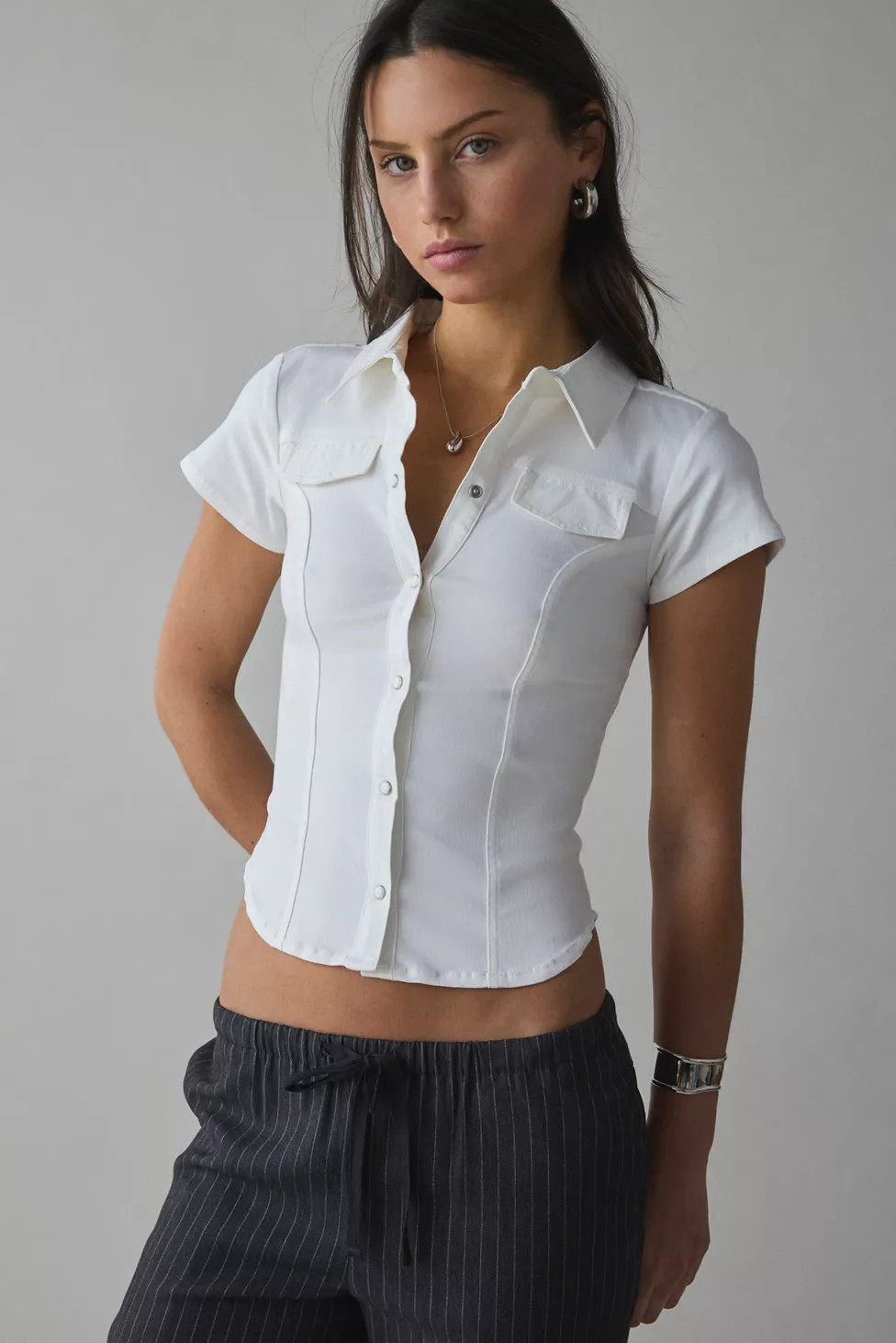 Silence + Noise Polly Slim Short Sleeve Snap-Button Shirt | Urban Outfitters (US and RoW)