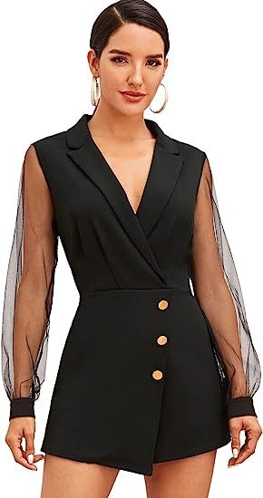 Amazon.com: SheIn Women's Notch Collar Mesh Sleeve Button Wrap Trim Jumpsuit Short Wide Leg Rompe... | Amazon (US)