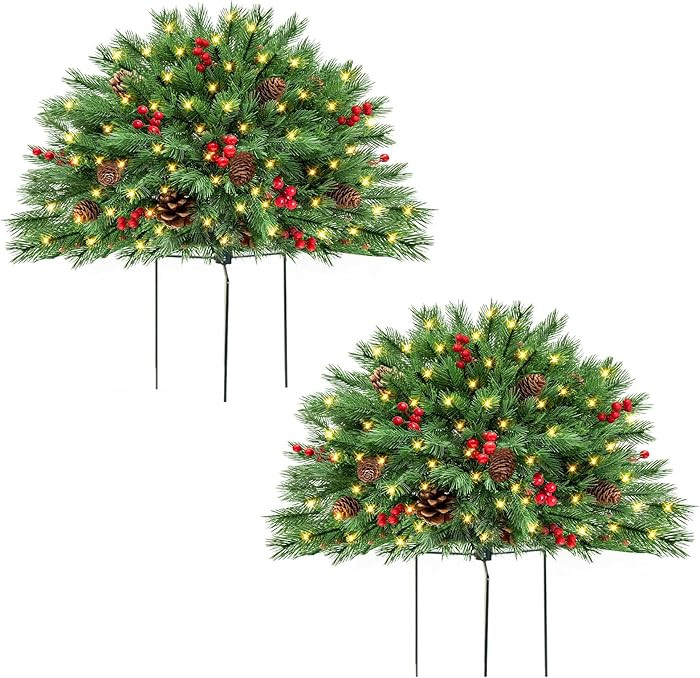 Outdoor Christmas Tree Urn Filler 2 Set, Pre-lit Artificial Flocked Xmas Tree with Cones & Red Be... | Amazon (US)