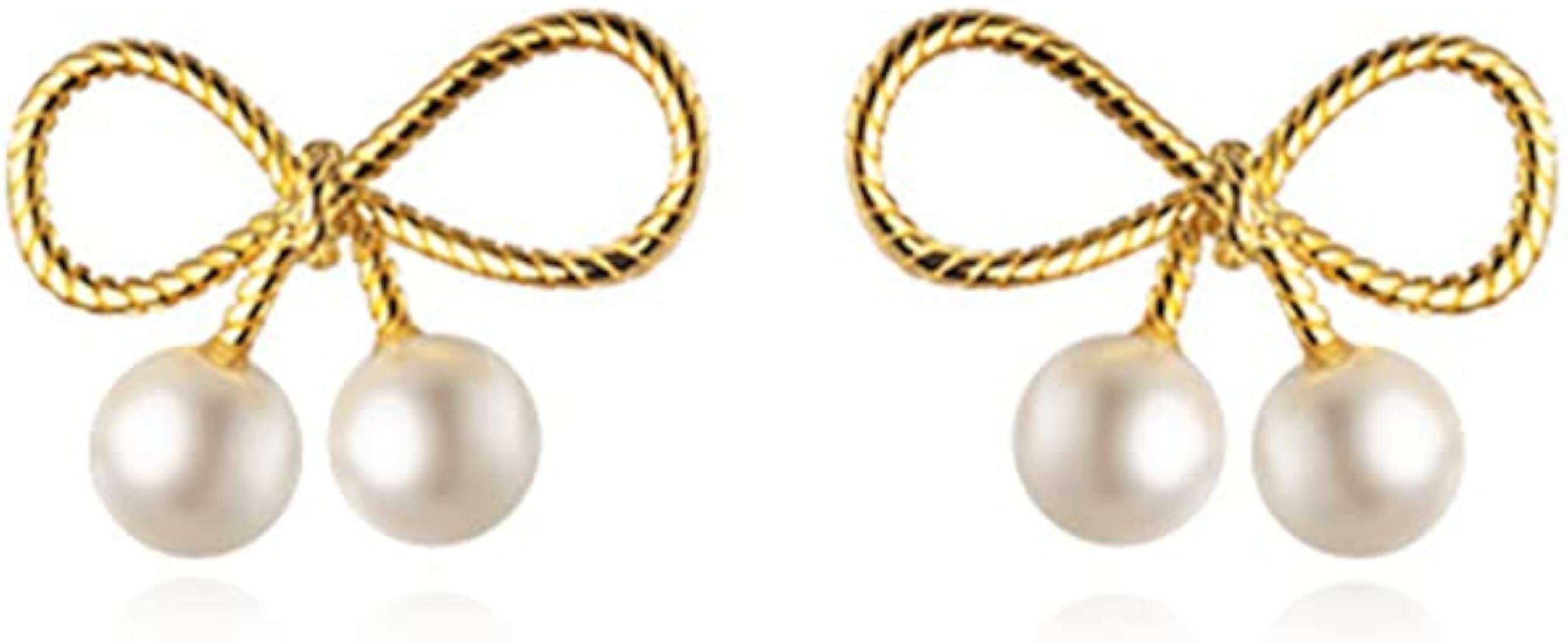 Amazon.com: Reffeer 925 Sterling Silver Ribbon Bow Stud Earrings for Women Girls Pearl Stud Earri... | Amazon (US)