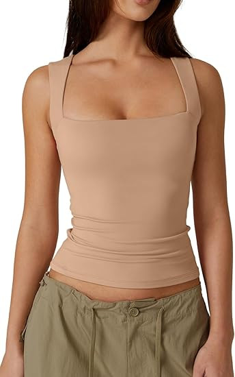 QINSEN Women's Square Neck Sleeveless Double-Layer Tank Tops Basic Tight T Shirts | Amazon (US)