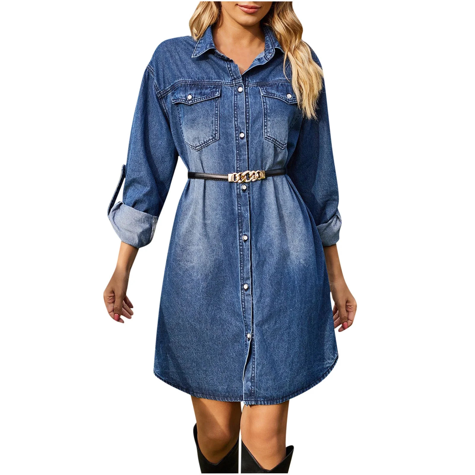 2025 Denim Long Sleeve Dress for Women Button Up Collar Shirt Jean Dress with Pockets Loose Comfy... | Walmart (US)