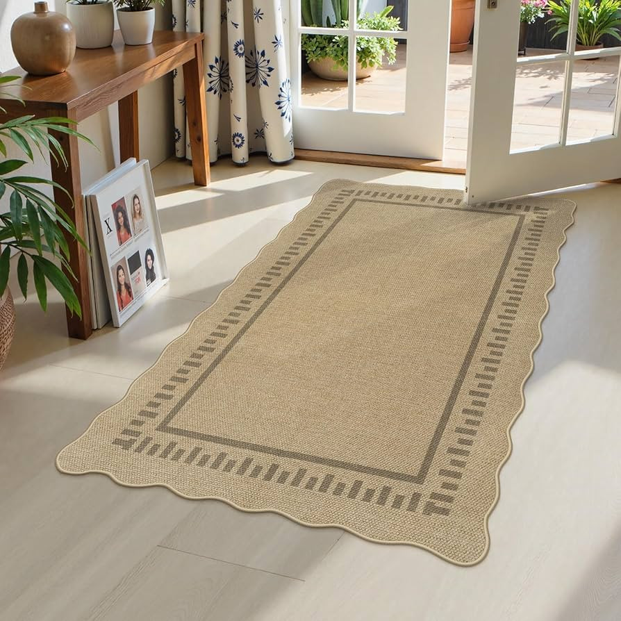 LIVEBOX Scalloped Washable 3x5 Outdoor Rug, Easy Jute Tan Rugs for Entryway Bedroom, Indoor Outdo... | Amazon (US)