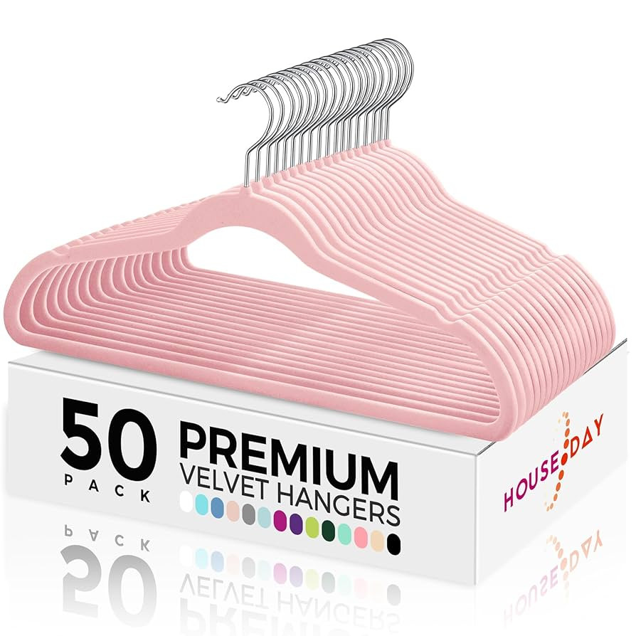 HOUSE DAY Premium Velvet Hangers 50 Pack Pink, Non-Slip Flocked Felt Hangers, Sturdy Clothes Hang... | Amazon (US)
