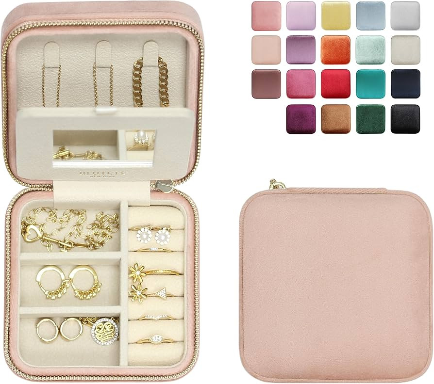 BLUTETE Travel Jewelry Box Organizer Velvet Travel Case With Mirror Ring Earrings Necklaces Stora... | Amazon (US)