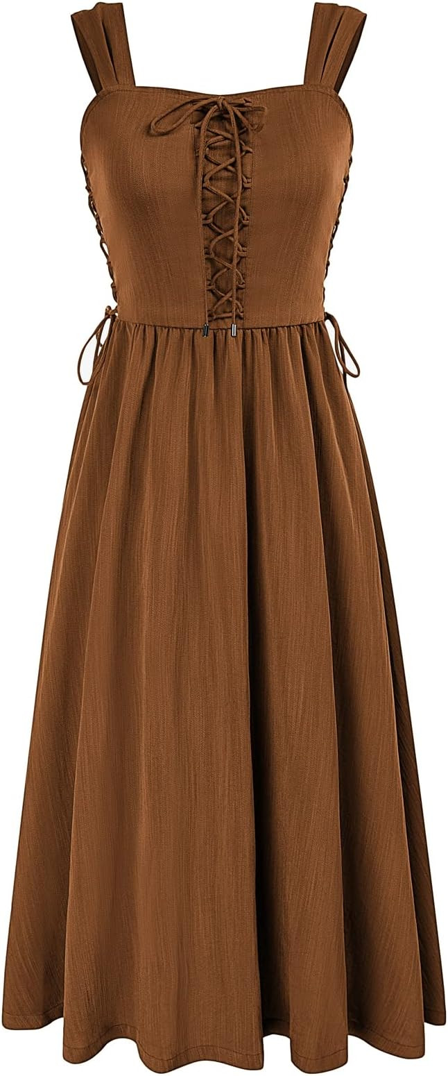 Scarlet Darkness Women Renaissance Summer Midi Dress Cottagecore Sleeveless Lace Up Dress | Amazon (US)