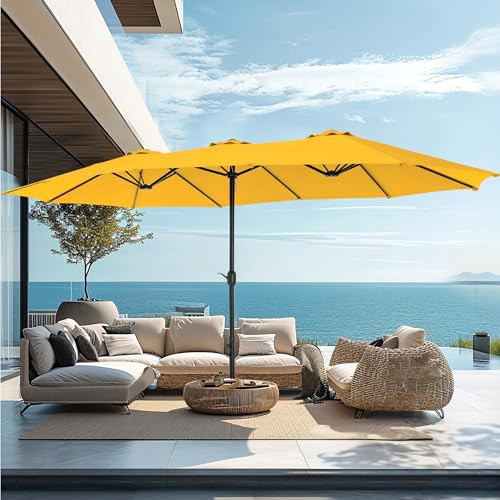 PHI VILLA 15ft Large Patio Umbrellas with Base Included, Outdoor Double-Sided Rectangle Market Umbrella with Stand, Outside Umbrellas for Poolside Lawn Garden, Golden Yellow | Amazon (US)