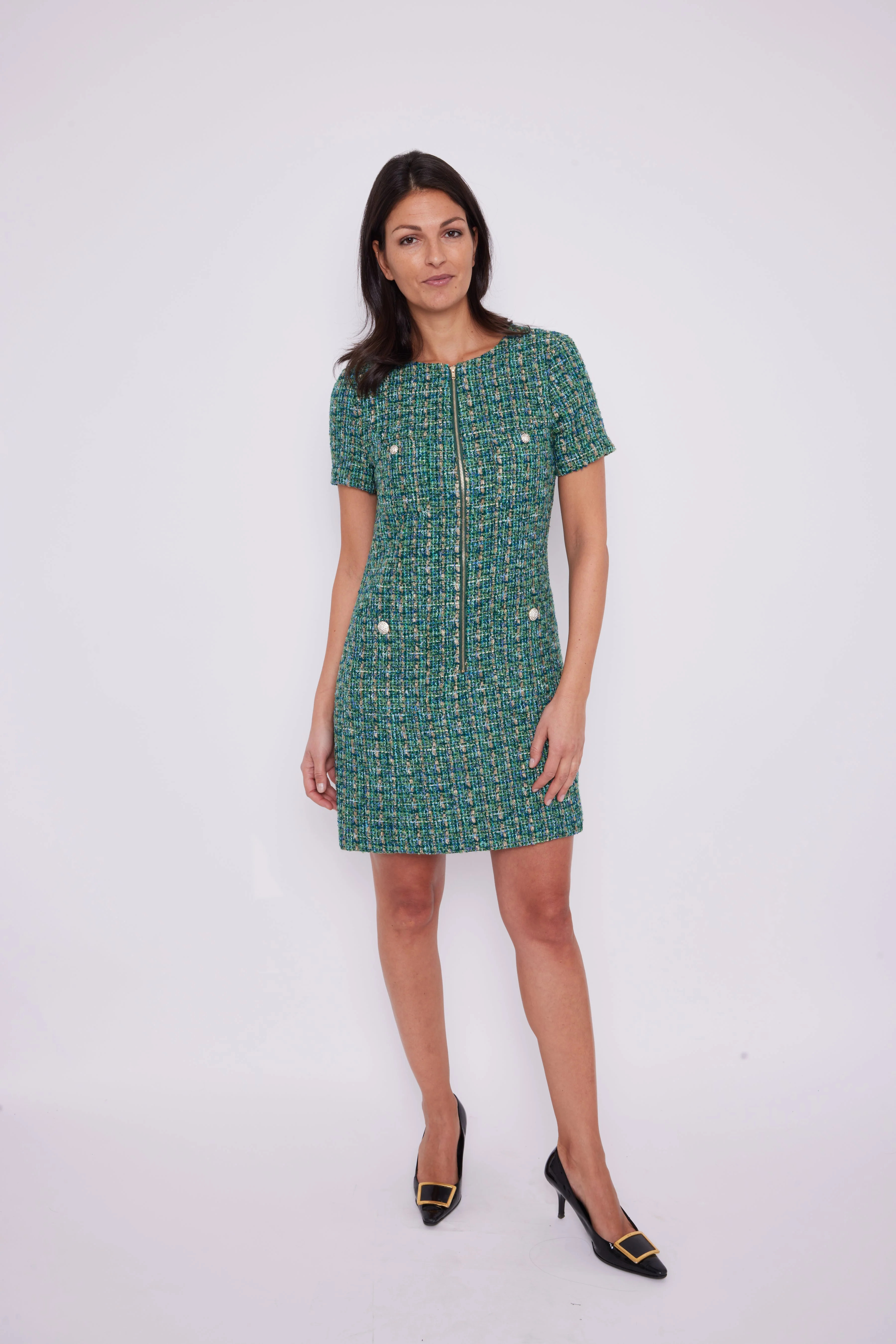 Green Multi Tweed Zip Front Dress | Sail to Sable