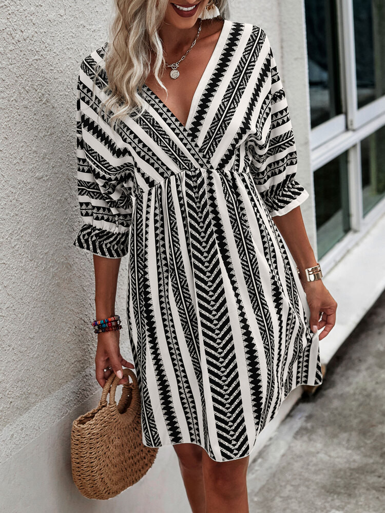 Striped & Geo Flounce Sleeve Tie Back Dress | SHEIN