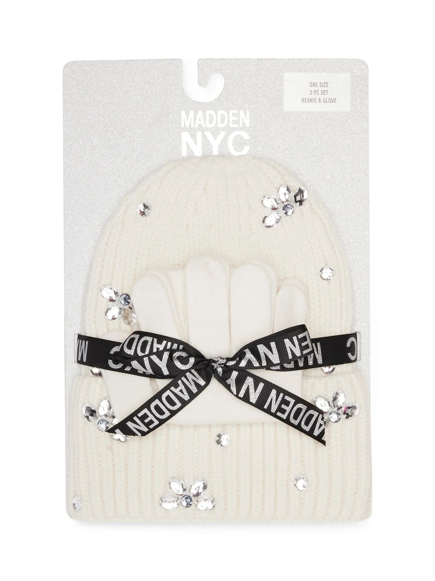 Madden NYC Women's Cuffed Beanie With Rhinestones And Magic Gloves, 2-Piece Gift Set Ivory | Walmart (US)