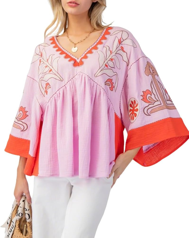 Womens Floral Printed Blouse V-Neck 3/4 Sleeves Loose Fit Vintage Babydoll Tops | Amazon (US)