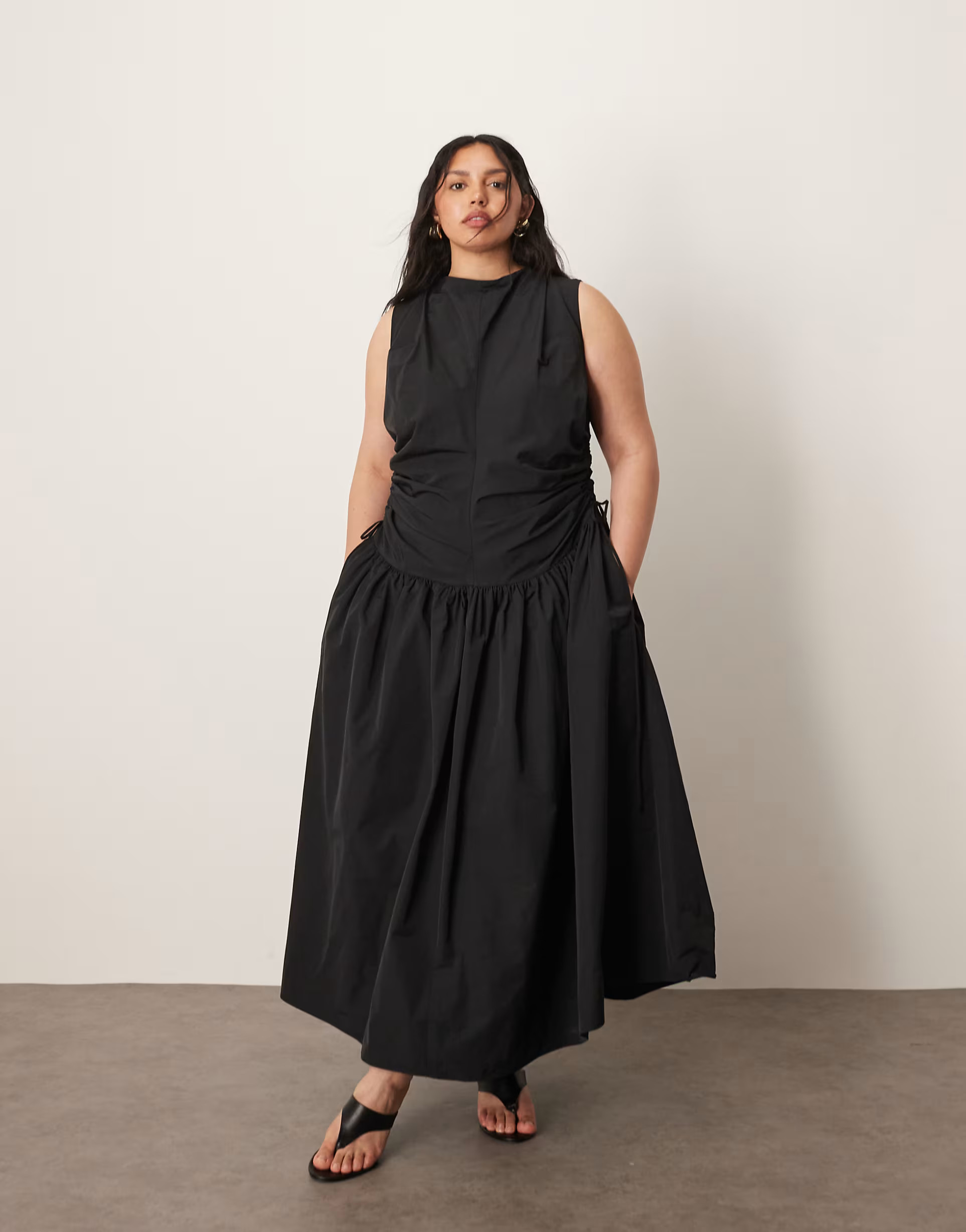ARRANGE Curve drop waist ruched detail funnel neck midaxi dress in black | ASOS (Global)