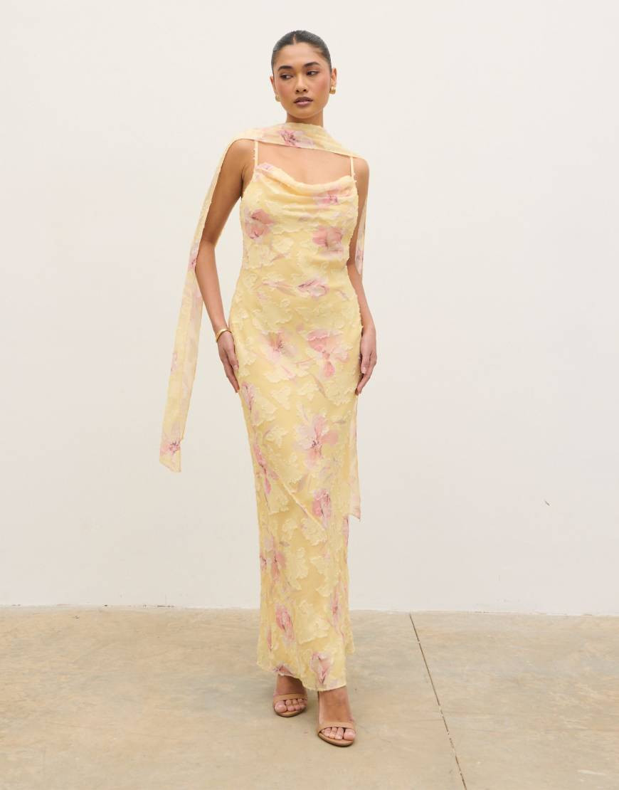Pretty Lavish Eden scarf cowl neck printed jacquard maxi dress in lemon floral-Yellow | ASOS (Global)