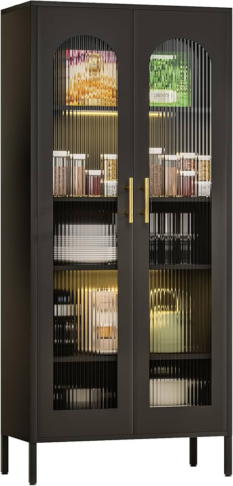 Metal Storage Cabinet,71" Kitchen Pantry Cabinet with Glass Doors，Tall Display Curio Cabinet wi... | Amazon (US)
