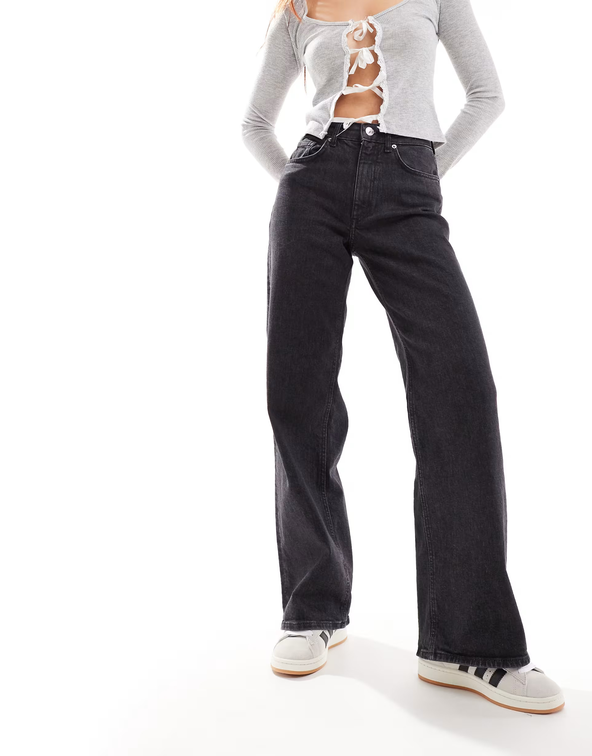 Only Juicy high waisted wide leg jeans in washed black | ASOS (Global)