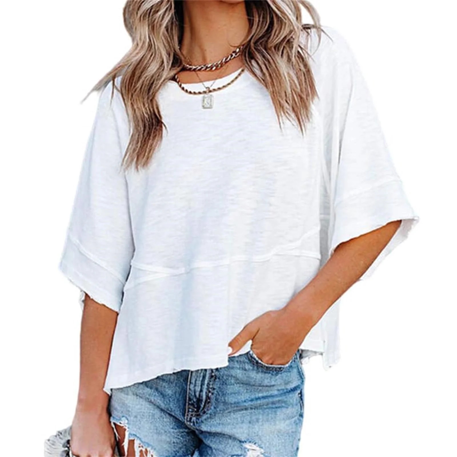 Summer Oversize Women Solid Color Half Sleeve Loose Shirt Tee Casual Tops | Walmart (US)