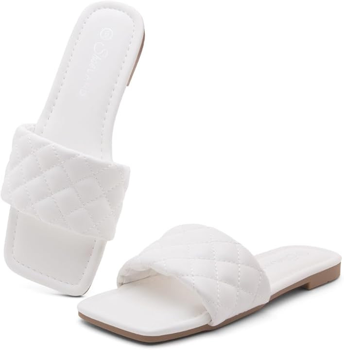 Shoe Land Women’s Flat Sandals – Quilted One-Band Fashion Slides with Square Open Toe & Comfort Footbed | Dressy Casual... | Amazon (US)
