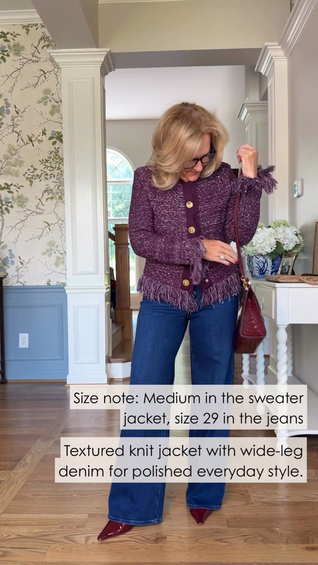 This textured plum cardigan jacket is a standout layer with a polished, feminine feel. The gold buttons and fringe detail elevate classic dark denim, while burgundy accessories pull the whole look together.

💡 LTK MADE EASY
❤️ Heart = Support my posts!
🔖 Save = Get sale & restock alerts
📋 Lists = Keep favorites organized
📲 Share = Send lists and products to a friend. Hello, Christmas List!
💬 Comment = Ask me anything about what I'm wearing.:-)

#LTKdayinmylife #LTKgrwm #LTKootd