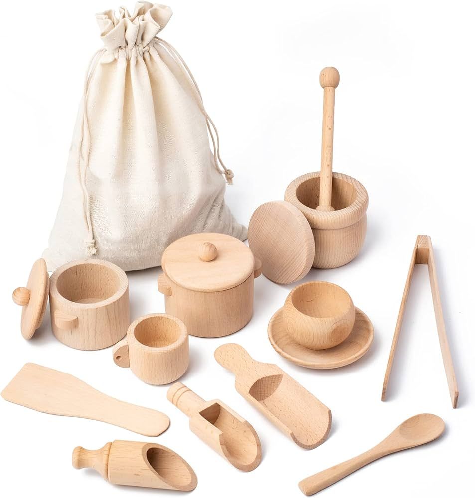 13 Pcs Montessori Wooden Tea Set Toys Sensory Bin Tools, Kids Pretend Kitchen Play Accessories fo... | Amazon (US)