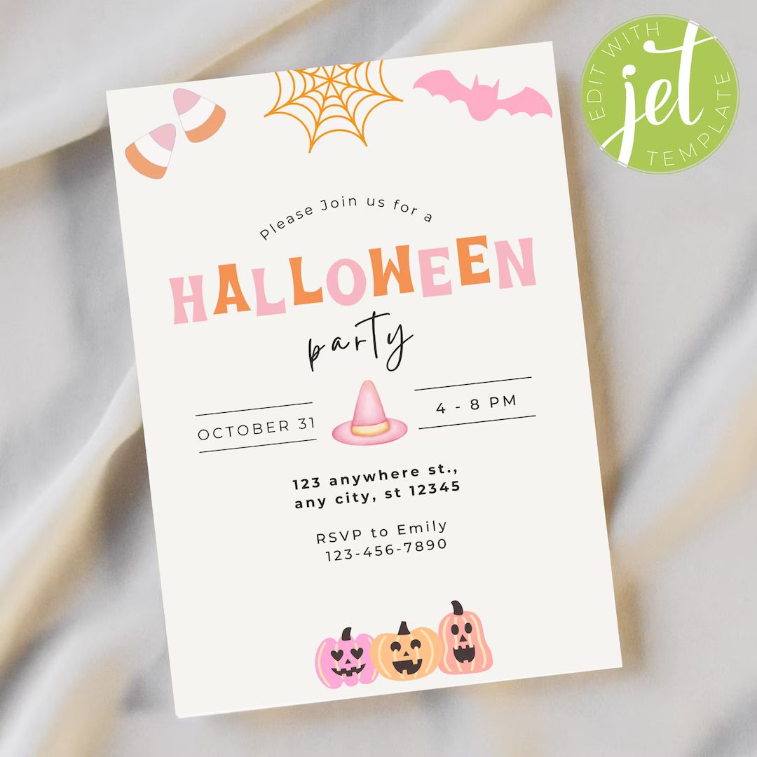 Retro Pink Halloween Party Invitation | Adult Kids Halloween Party Invite | Pink Orange Halloween... | Etsy (US)