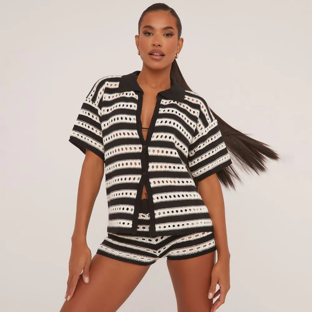 Short Sleeve Shirt In Black And White Stripe Crochet Knit | EGO (UK)