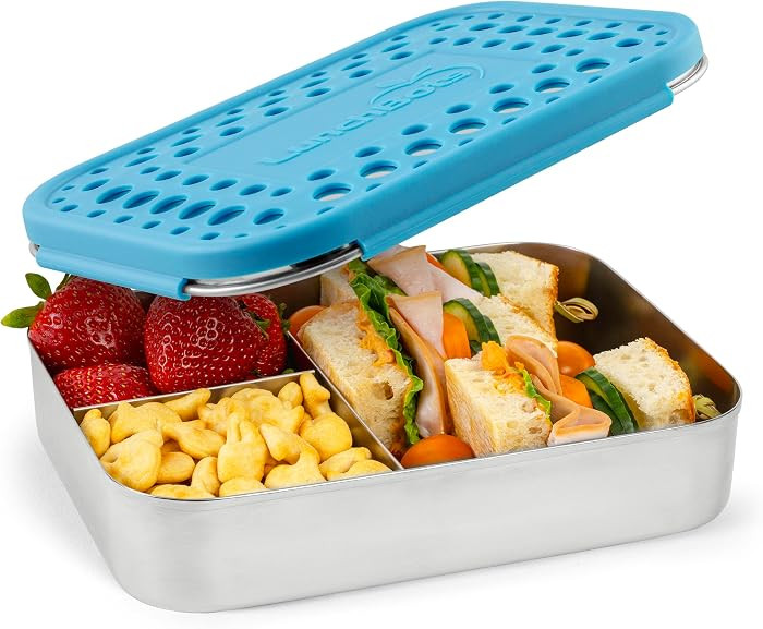 LunchBots Medium Trio Stainless Steel Kids Bento Box 3-Section Aqua 32oz | Amazon (US)