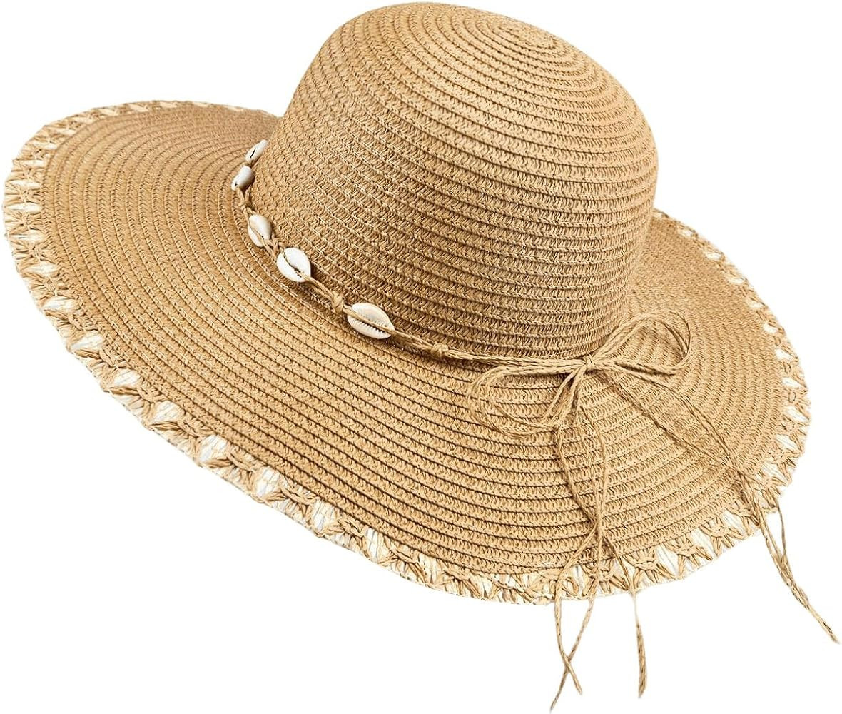 Verdusa Women's Scalloped Wide Brim Straw Sun Hats Boho Beaded Beach Hat | Amazon (US)