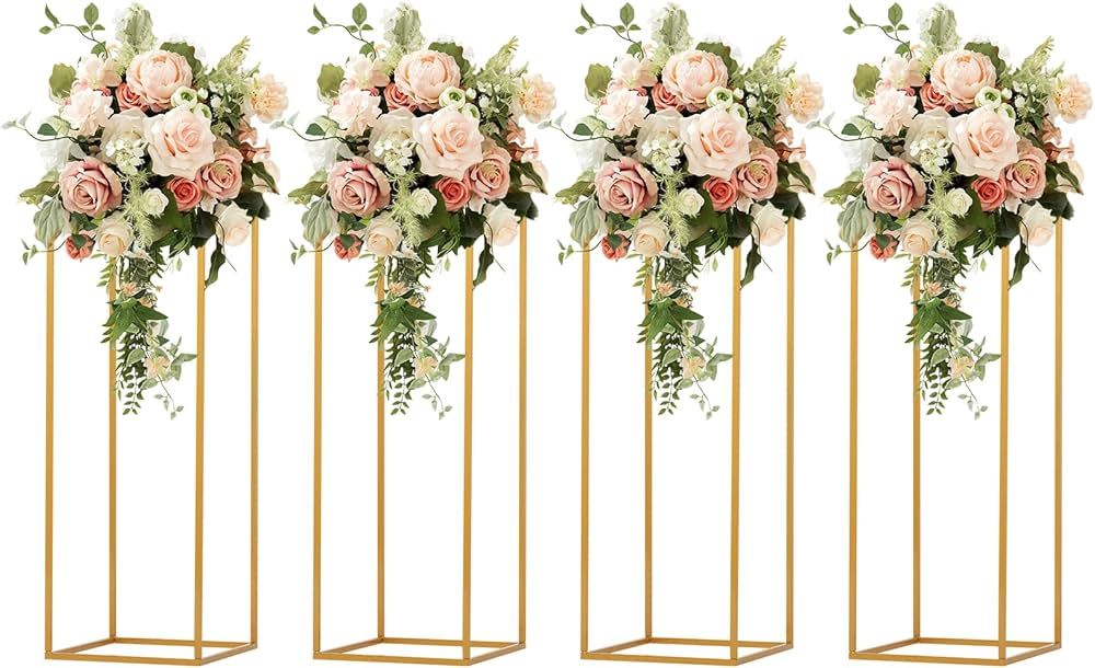 tonchean 4Pcs Gold Flower Stand Metal Vase Column Geometric Centerpieces for Tables 31.5in Tall G... | Amazon (US)