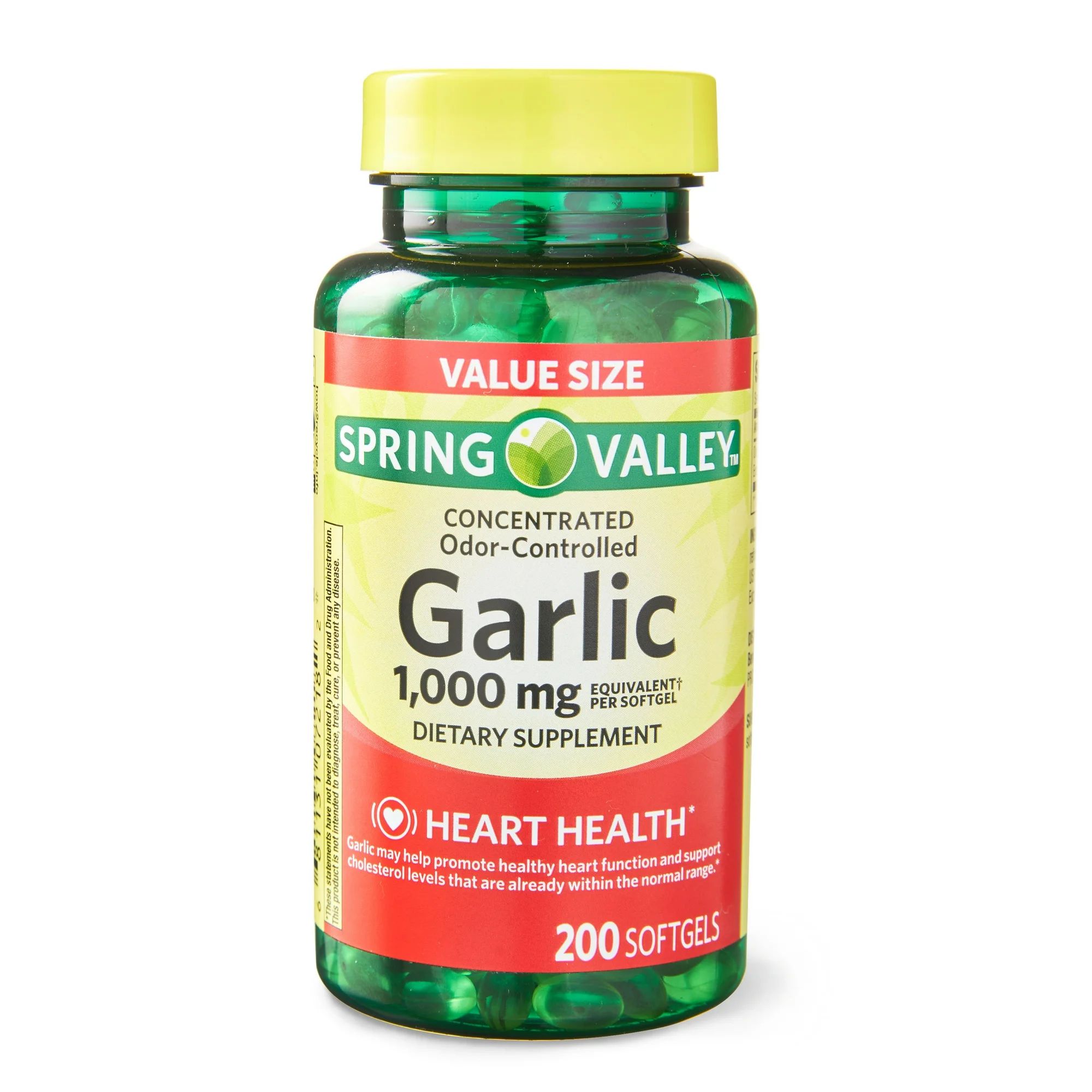 Spring Valley Odor-Controlled Garlic Softgels Dietary Supplement Value Size, 1,000 mg, 200 Count ... | Walmart (US)