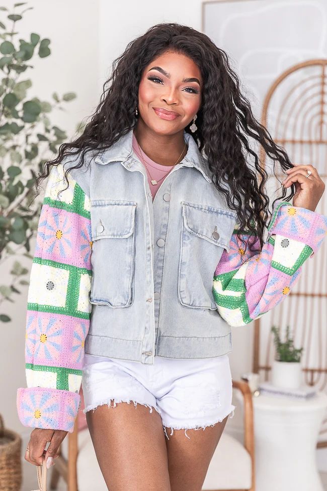 Middle Of A Memory Multi Light Wash Crochet Sleeve Denim Jacket | Pink Lily