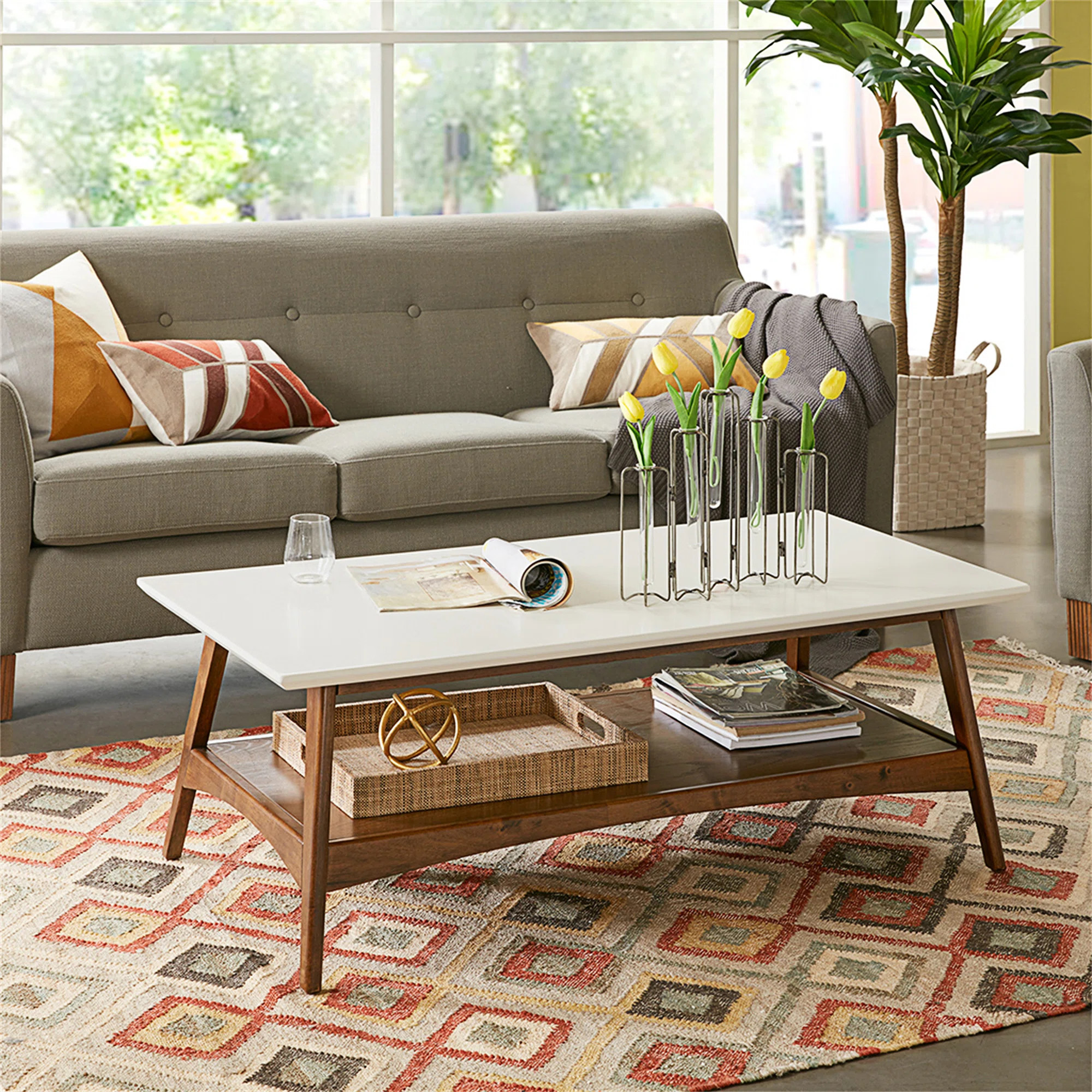 Parker Mid-century Coffee Table with Storage Shelf and White Top | Wayfair North America
