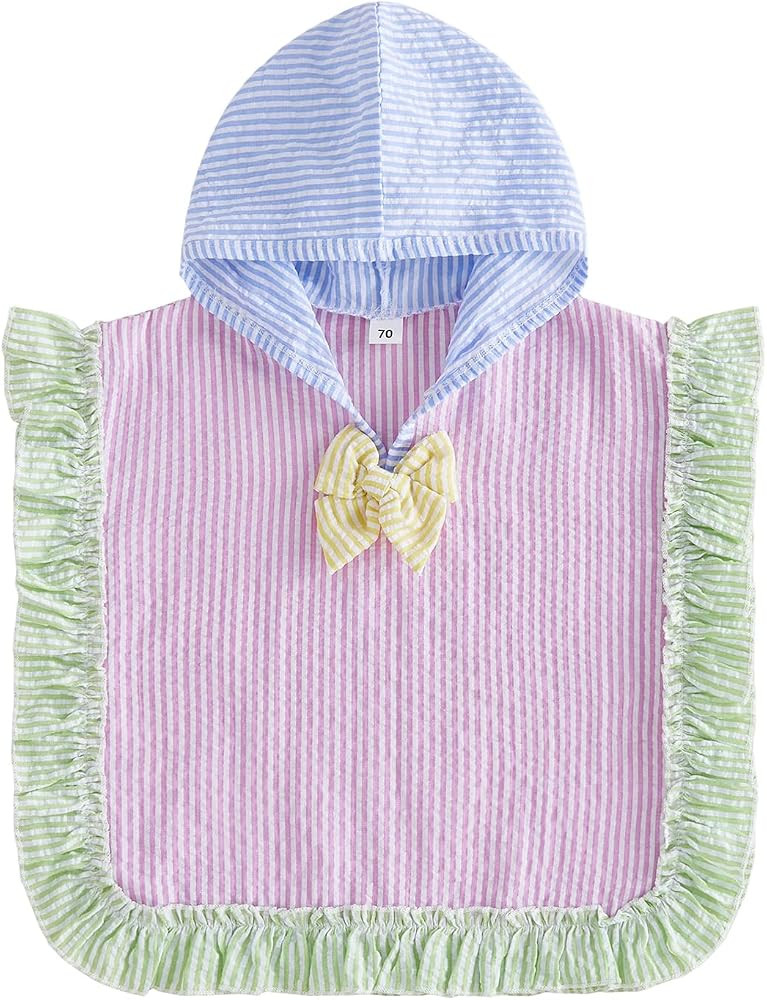 Baby Girl Hooded Beach Towel Poncho Color Block Striped Seersucker Swim Cover Up with Bow Infant Bathing Suit Kimono | Amazon (US)