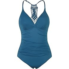 Hilor Women's Shirred Halter One Piece Swimsuits Macrame Back Swimwear Tummy Control Bathing Suit | Amazon (US)