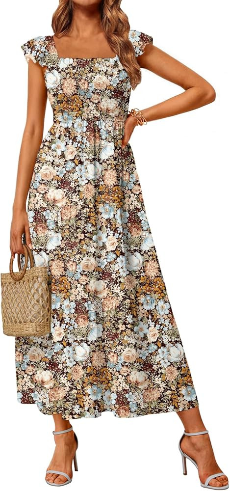 LILLUSORY Womens Square Neck Floral Ruffle Sleeve Maxi Dress 2026 Smocked Boho Vintage Sundress w... | Amazon (US)