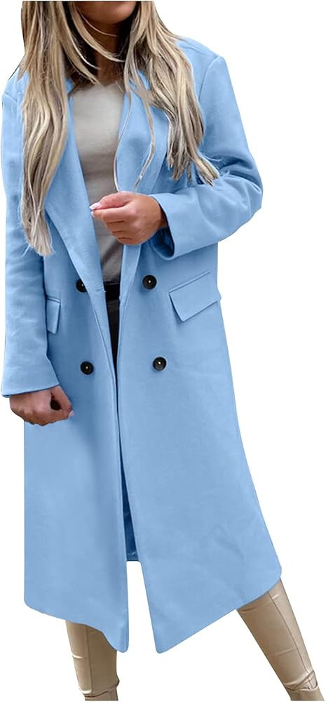 Women's Fall and Winter Jackets Woolen Slim Fit Long Sleeve Lapel Double Breasted Midi Trench Coa... | Amazon (US)