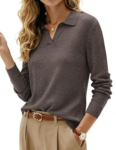 Kate Kasin Fall Pullover Sweaters for Women, Long Sleeve Polo Shirts, V Neck Wool Sweater Tops 2025 Coffee Brown XL | Amazon (US)