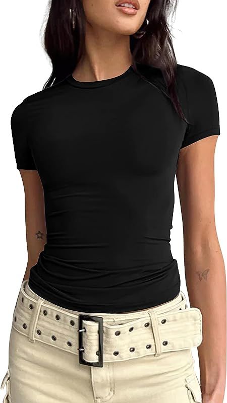 BAIGRAM AKLOPVII Women’s Basic Slim fit Crop Top Tee Shirt Short Sleeve Workout Round Neck Crop... | Amazon (US)