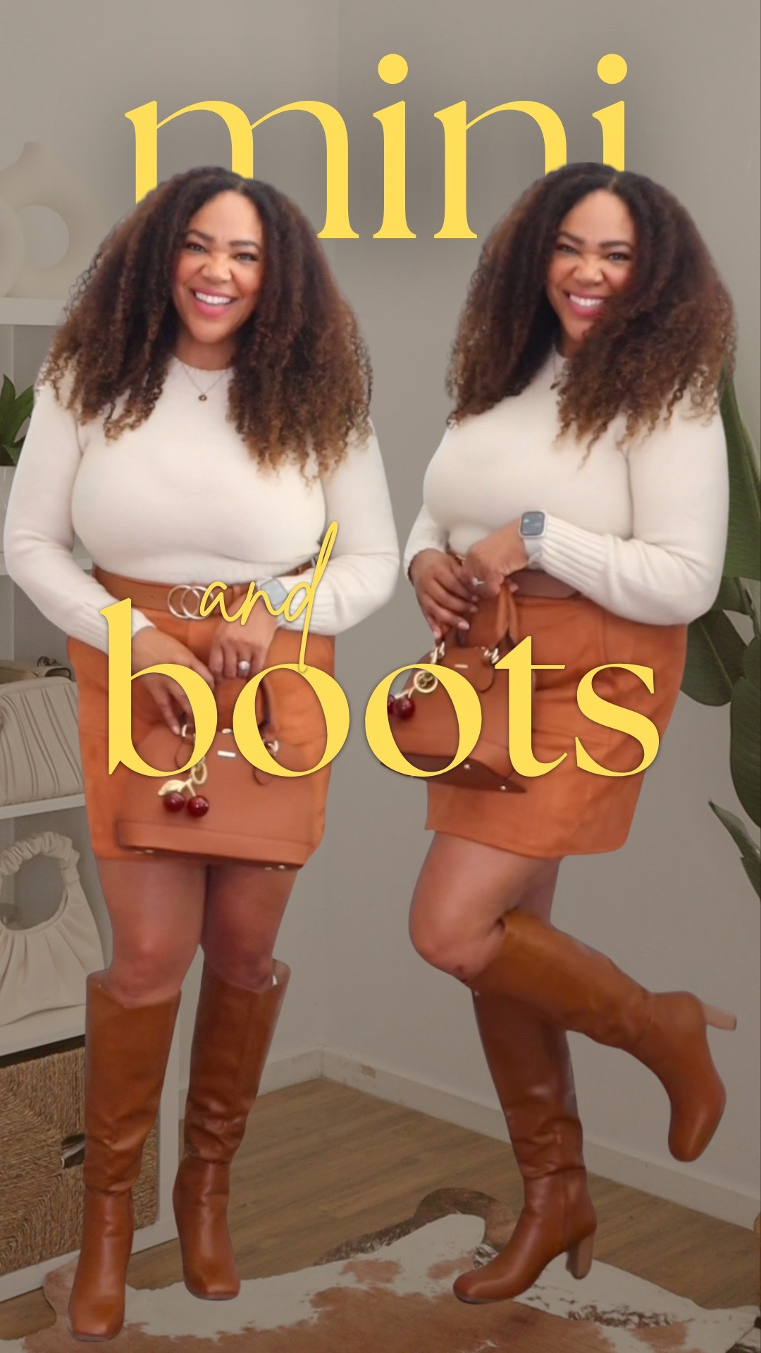 Mini + boots is the Winter ❄️ outfit formula. This skirt is super stretchy and comfy 🤎🧡
Speaking of outfits, check out 👀 my Midsize Winter Look Book on Livbyviv.com 
❄️ Shop 9+ outfits, essentials & accessories for Midsize that you will actually wear. 
❄️ Midsize Winter Look Book 
https://livbyviv.com/midsize-winter-look-book/