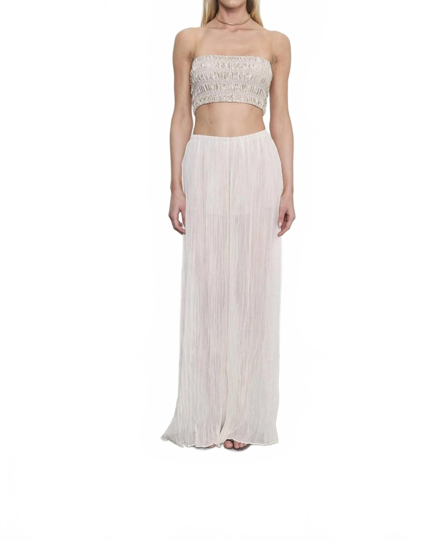 Textured Satin Smocked Top In Champagne | Shop Simon