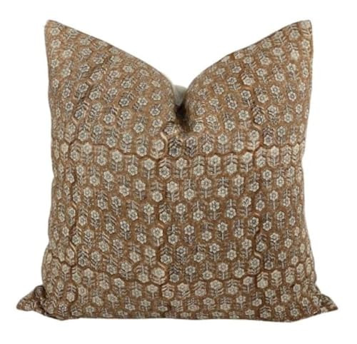 Pillow Cover Linen Lightweight 22 x 22 Inches Double Sided Block Print with Zipper Easy Removal Home Decor Shabby Chic Farmhouse Neurtral Decorative Sofa Couch Accent (Floral Honey Tan) | Amazon (US)
