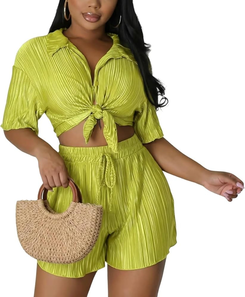 ENOPINK 2 Piece Outfits for Women Summer Button Down Shirt and Casual Shorts Sets Short Sleeve Pl... | Amazon (US)