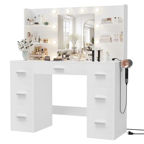 Furmax Vanity Desk with Mirror, LED Lights and Power Outlet Makeup Vanity Table with 7 Drawers and 6 Storage Shelves Dressing Table for Bedroom Dressing Room (White) | Amazon (US)